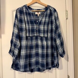 Wrangler Plaid Peasant Blouse Blue and White Size L NWT
